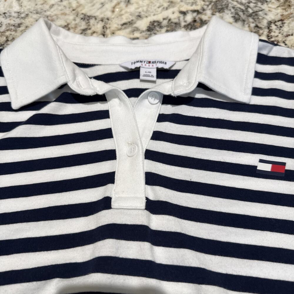 Tommy Hilfiger Sport Women’s Large Navy & White Striped Shirt Coastal Preppy - Picture 7 of 10